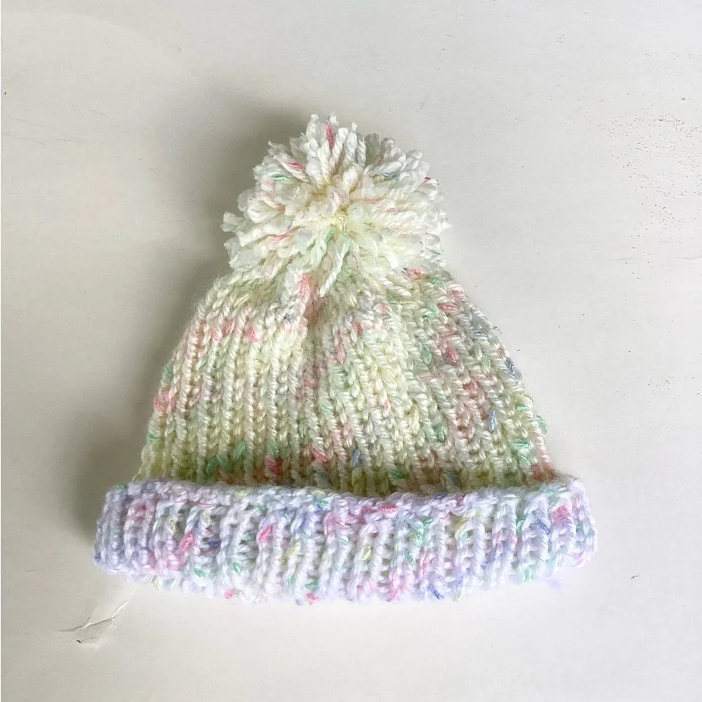 Baby Beanie Hat Hand Crafted Yellow White PomPom Knit